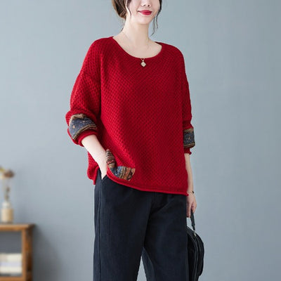 Babakud Women Retro Loose Patchwork Winter Knitted Pullover