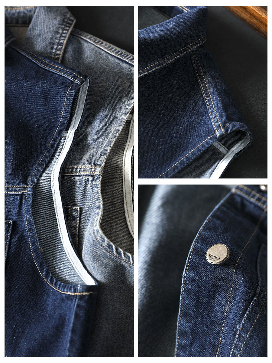 Women Spring Retro Denim Solid Color Casual Vest
