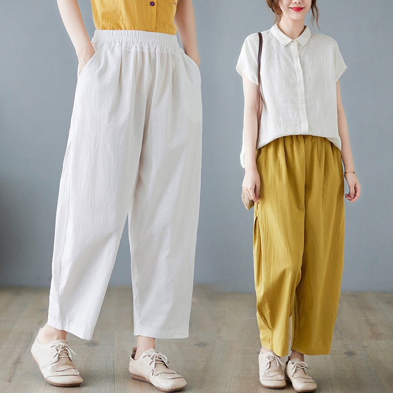 Women Summer Cotton Solid Color Elastic Waist Harem Pants
