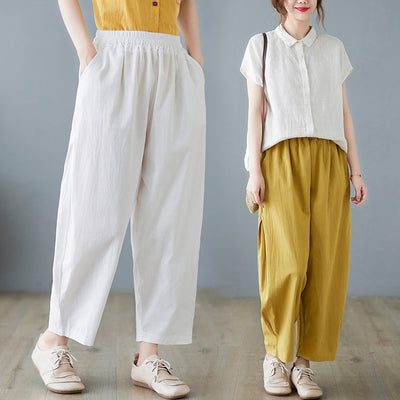 Women Summer Cotton Solid Color Elastic Waist Harem Pants