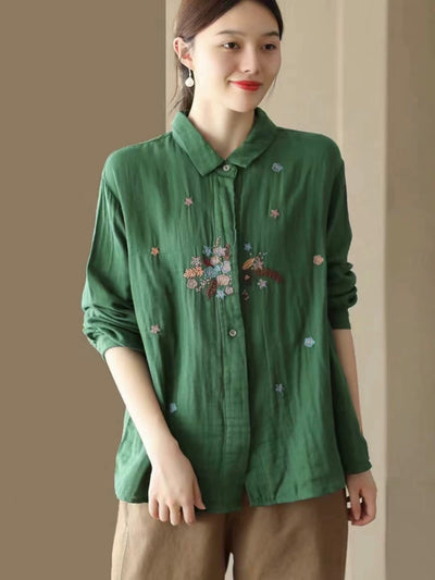 Autumn Retro Cotton Embroidered Casual Comfortable Loose Shirt