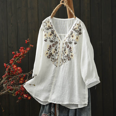 Women Spring Vintage Ramie Embroidered Floral V-Neck Top