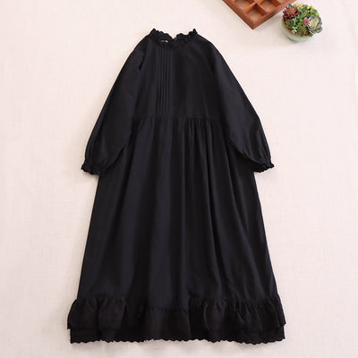 Women Spring Retro Cotton Ruffle Collar Loose Long-Sleeve Dress