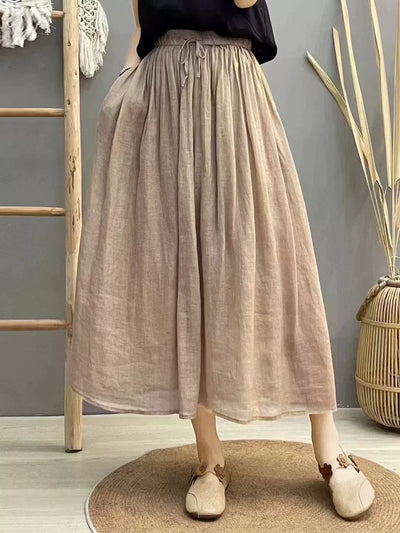 Women Summer Vintage Linen Elastic Waist A-Line Solid Color Skirt