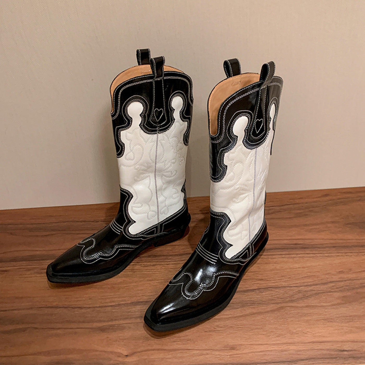 Retro Vintage Genuine Leather Pointed Toe Patchwork Boots