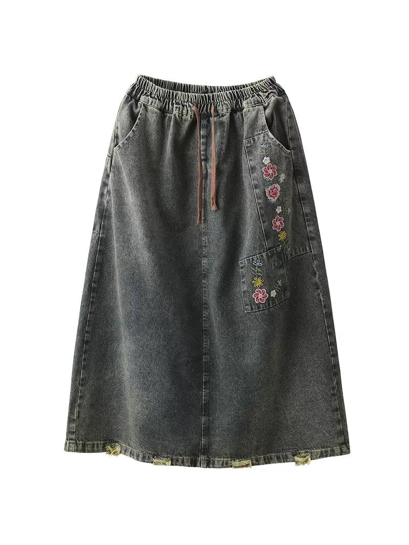 Women Spring Vintage Denim Embroidered Floral A-Line Midi Skirt