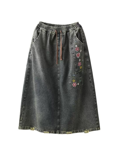 Women Spring Vintage Denim Embroidered Floral A-Line Midi Skirt