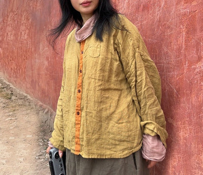 Women Vintage High Quality Washed Color Block Linen Shirt