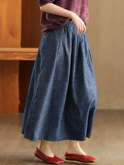 Ladies Spring Vintage Breathable Cotton Linen A-Line Skirts