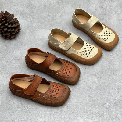 Women Trendy Retro Square Toe Hollow Genuine Leather Sandals