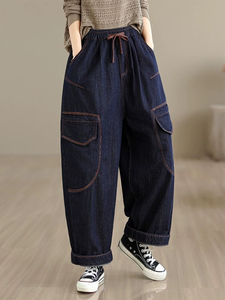 Casual Denim Embroidered Elastic Waist Lace-Up Harem Jeans