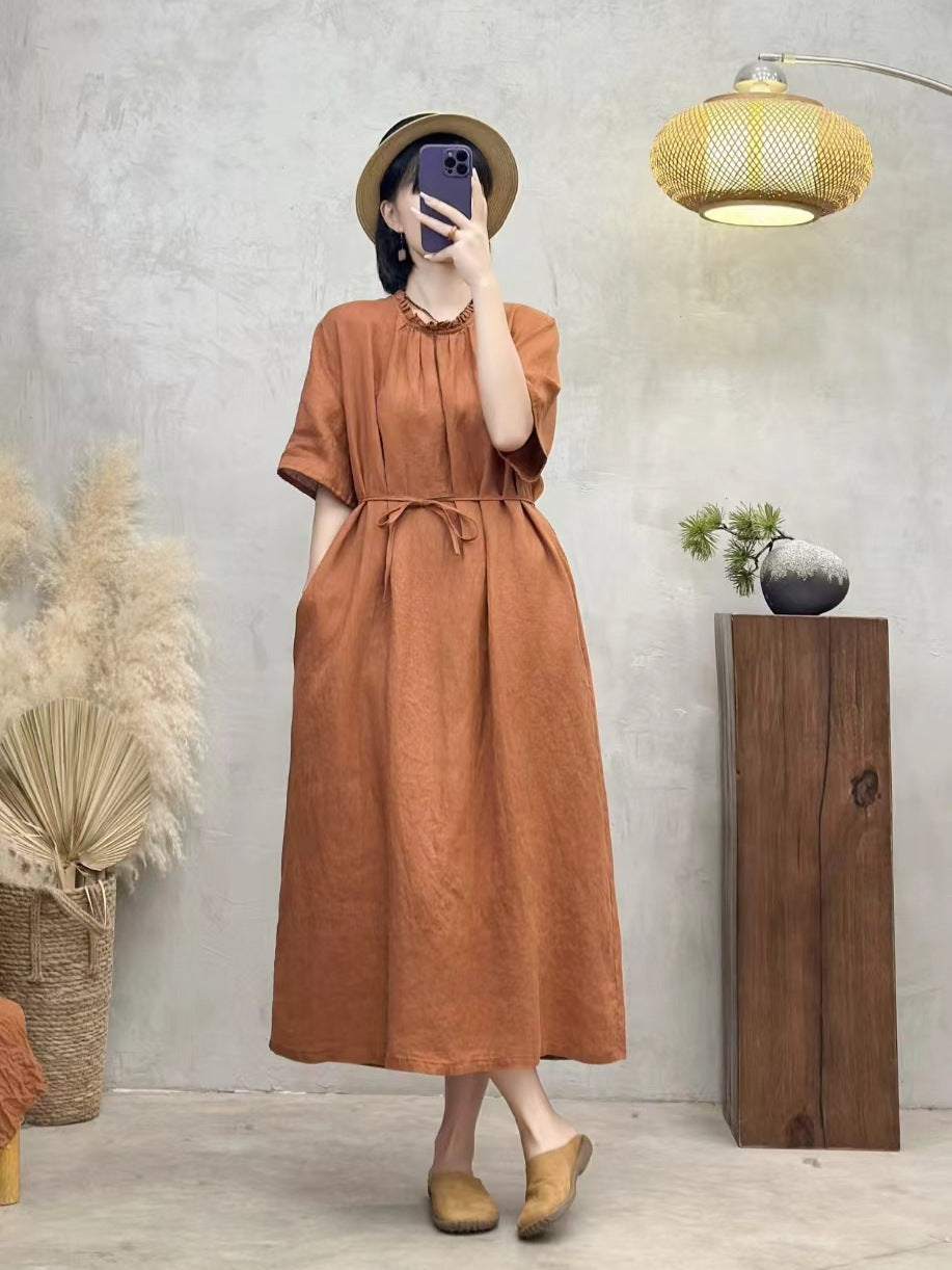 Babakud Retro Linen Ruffle Lapel Lace-Up Short Sleeves Dress