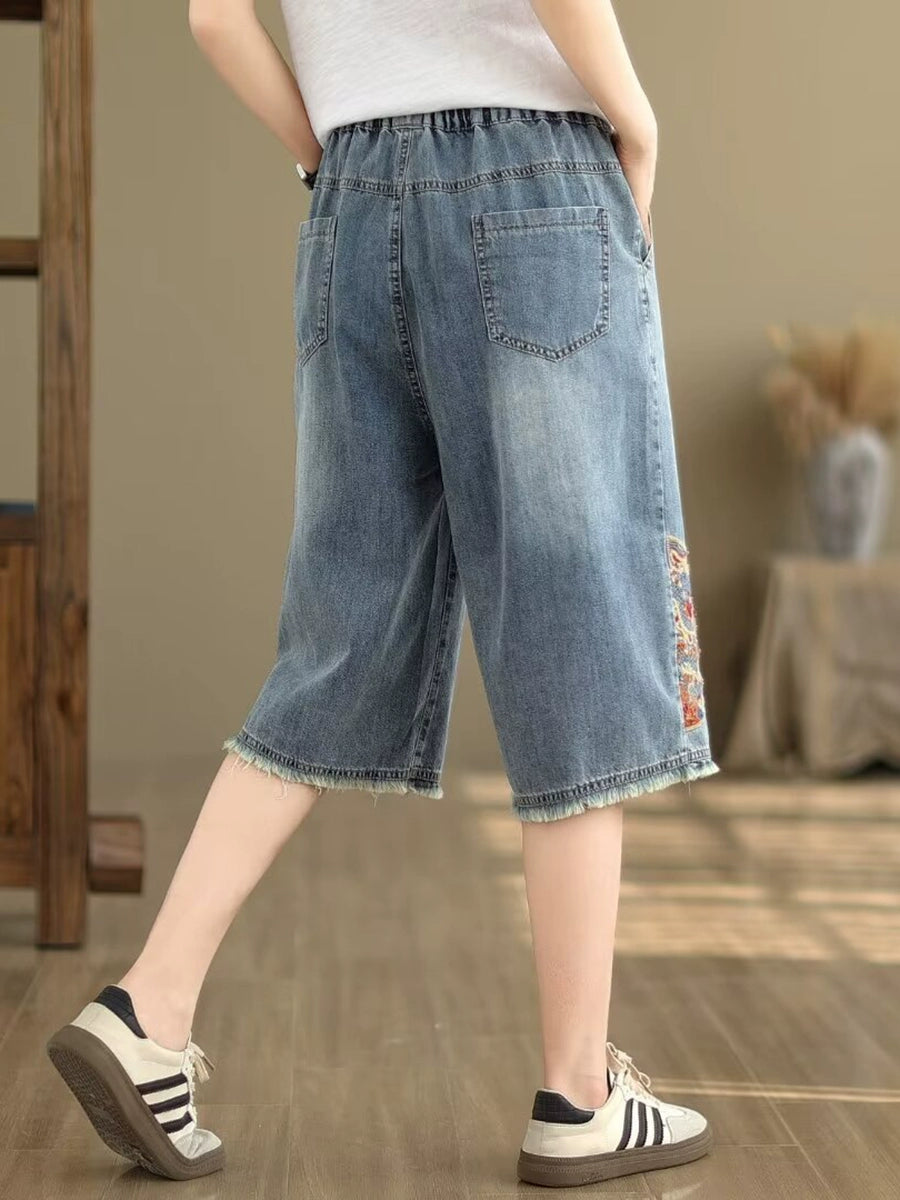 Women Summer Denim Embroidered Casual Loose Shorts
