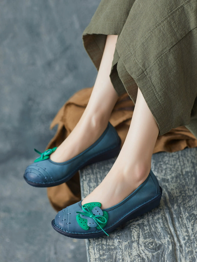 Summer Retro Genuine Leather Shallow Soft Sole Bow Shoes