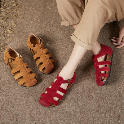 Women Summer Retro Closed Toe Leather Soft Sole Sandals