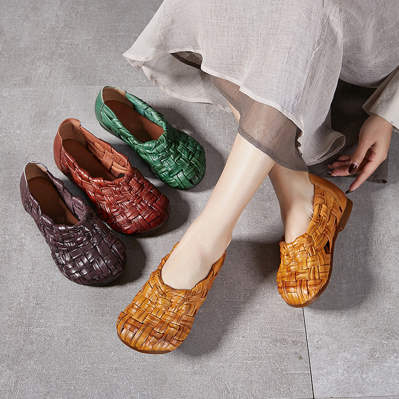 Babakud Retro Genuine Leather Woven Hollow Slip-Ons Flats Shoes