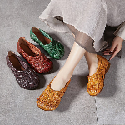 Babakud Retro Genuine Leather Woven Hollow Slip-Ons Flats Shoes
