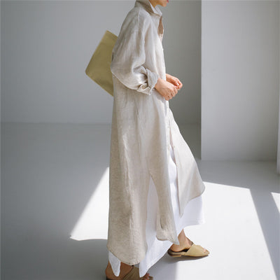 Women Spring Loose Mid-Length Slit Cotton Linen Shirt Dress