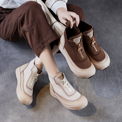 Women Autumn Leather Casual Platform Front Zipper Shoes
