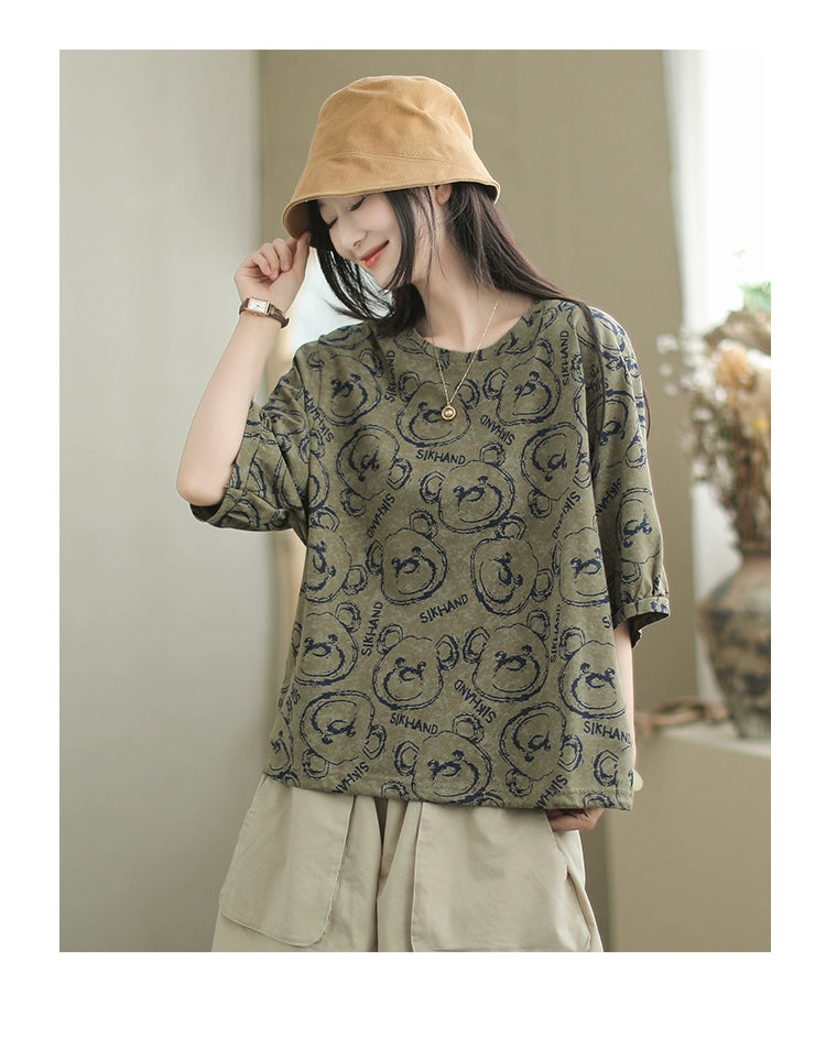 Women Summer Fashionable Versatile Round Neck Printed T-shirt