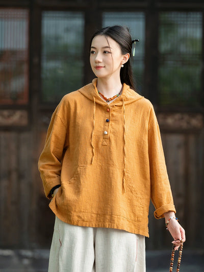 Autumn Women Retro Linen Long Sleeves Casual Hoodie Shirt