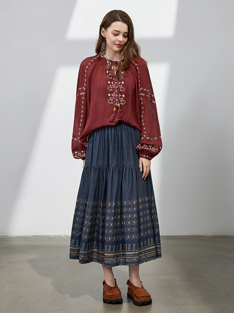 Summer Women Retro Cotton Loose Printed A-Line Skirts