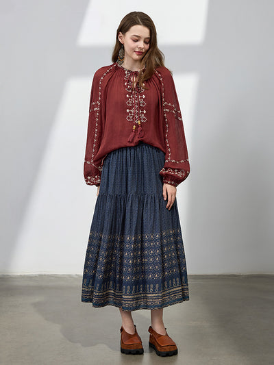 Summer Women Retro Cotton Loose Printed A-Line Skirts