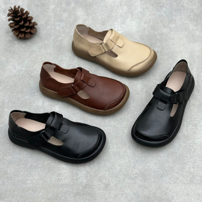 Women Retro Geniune Leather Casual Velcro Strap Slip-Ons