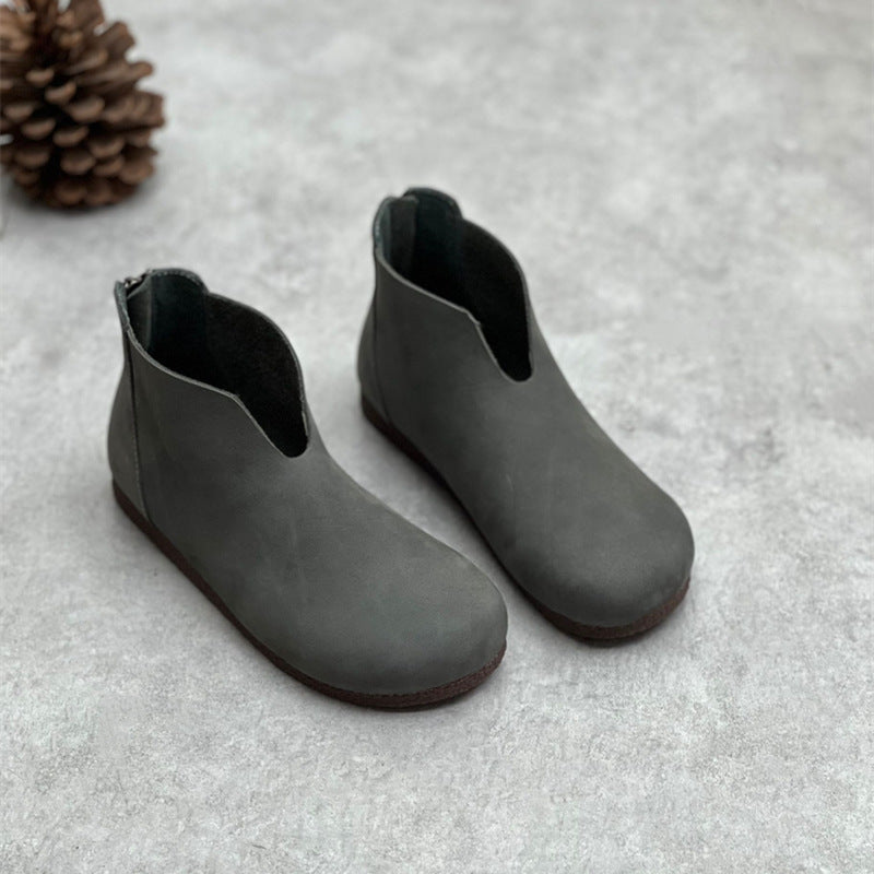 Gray Retro Minimalist Zipper Round Toe Flat Booties for Women