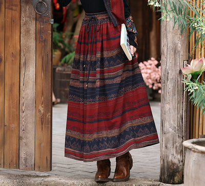 Fashion Ethnic Style Printed Contrast Color Cotton Linen Skirt
