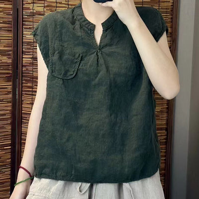 Babakud Summer Causla Linen Loose Pocket V- Neck Vest
