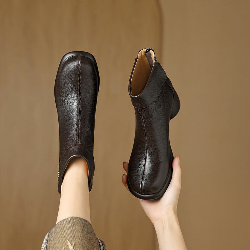 Autumn Vintage Elegant Sheepskin Leather Chunky Boots