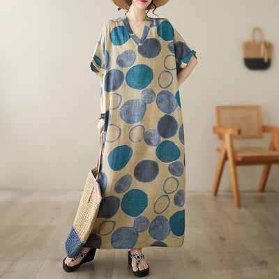 Women Summer Casual Cotton Linen V-Neck Plus Size Dress