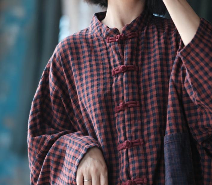 Women Casual Pockets Patchwork Plaid Cotton Shirt