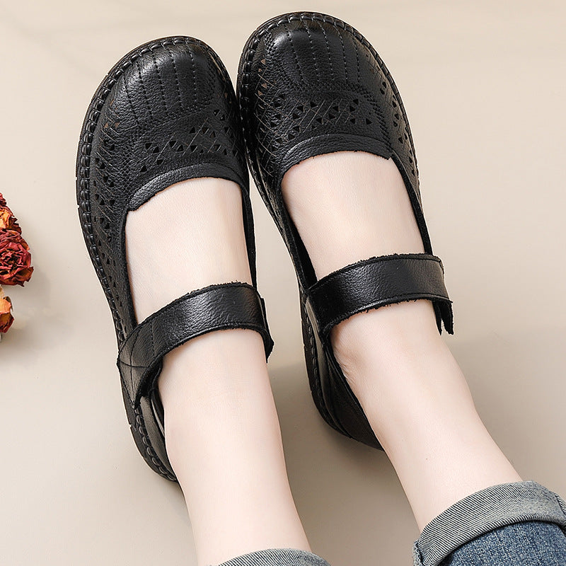 Women Retro Summer Genuine Leather Velcro Platform Sandals