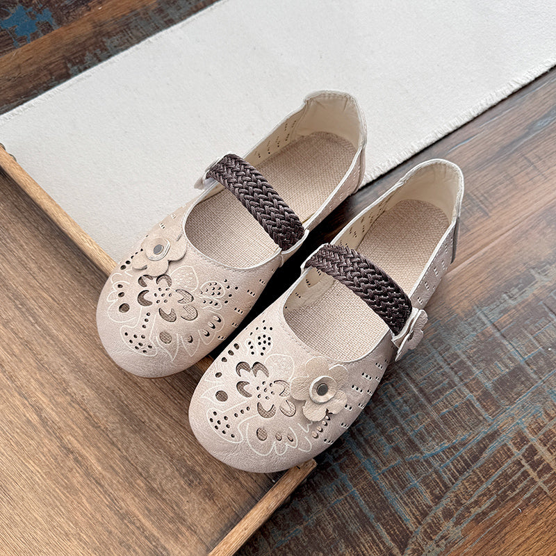 Babakud Women Spring Leather Floral Hollow Mary Jane Ballet Flats