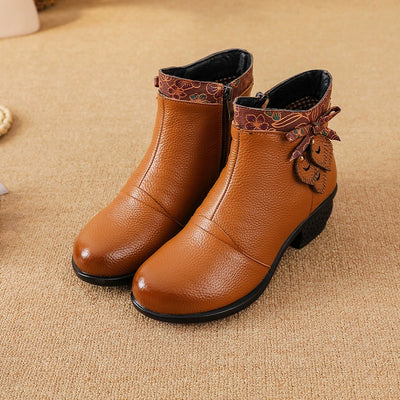 Retro Leather Patchwork Chunky Versatile Zipper Ankle Boots