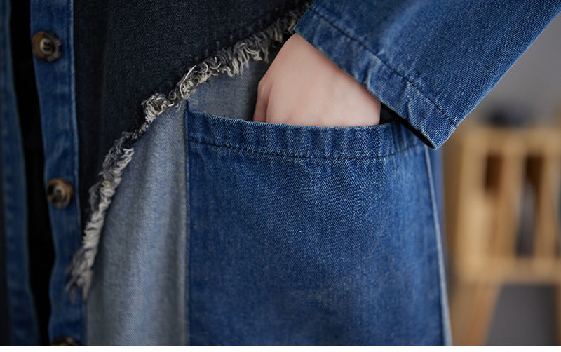 Women Autumn Retro Denim Patchwork A-Line Coat