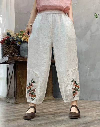 Autumn Linen Embroidered Patchwork Loose Casual Harem Pants