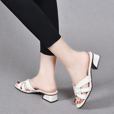 Women Summer Open Toe Chunky Heel Patent Leather Slippers