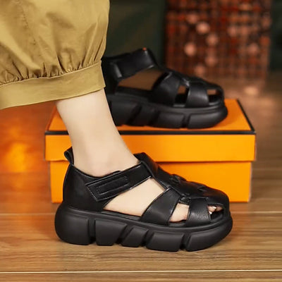 Women Summer Leather Cut Out Velcro Platform Shoes