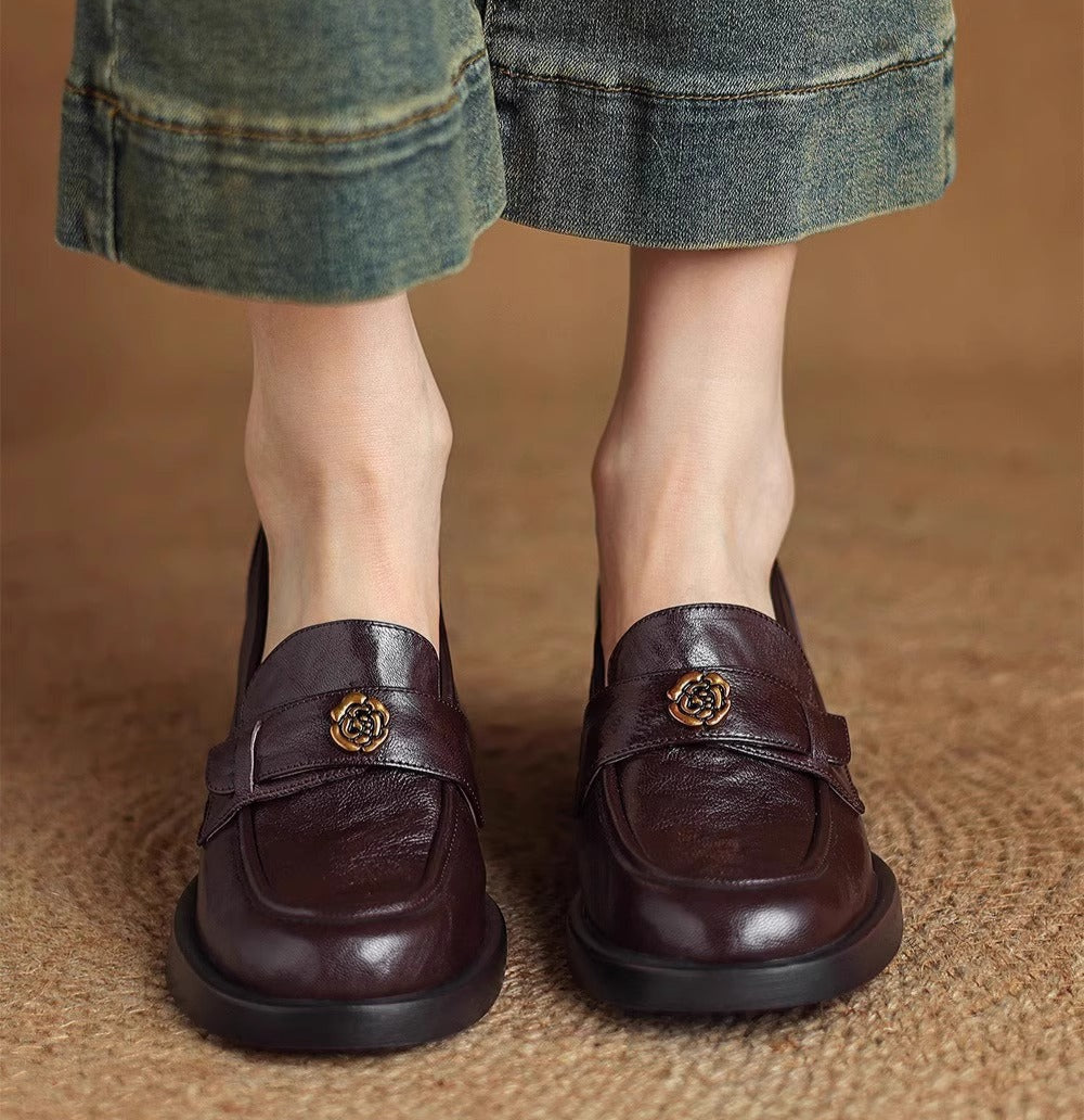 Ladies Camellia Vintage Genuine Leather Chunky Heel Loafers