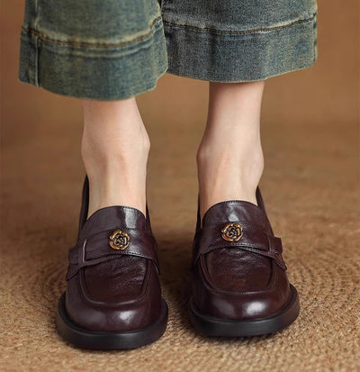 Ladies Camellia Vintage Genuine Leather Chunky Heel Loafers