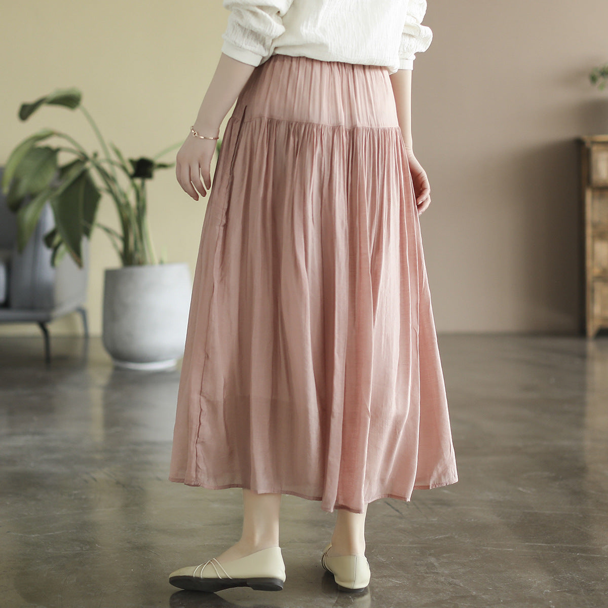 Casual Solid Color High Waist Pleated Cotton Linen A-Line Skirt