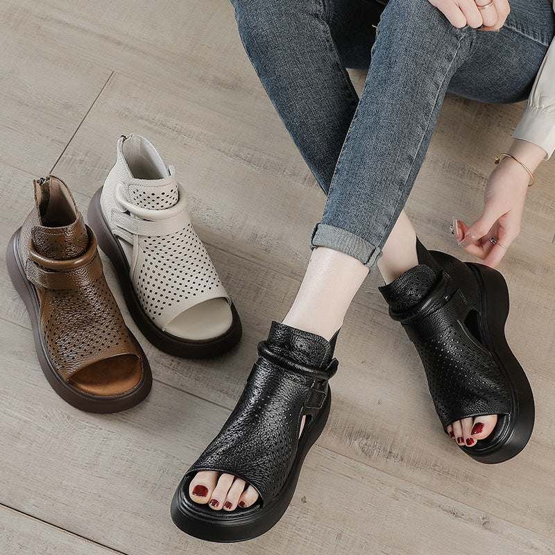 Women Retro Summer Genuine Leather Hollow Peep Toe Sandals