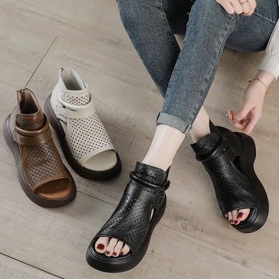 Women Retro Summer Genuine Leather Hollow Peep Toe Sandals