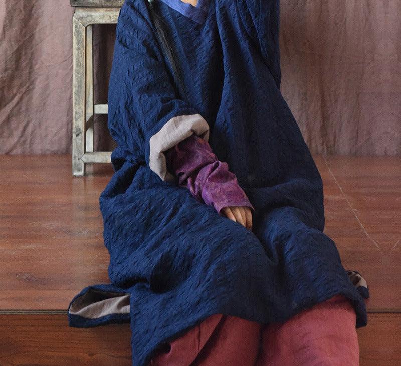 Women Vintage Color Block V-Neck Mid-Length Cotton Linen Coat