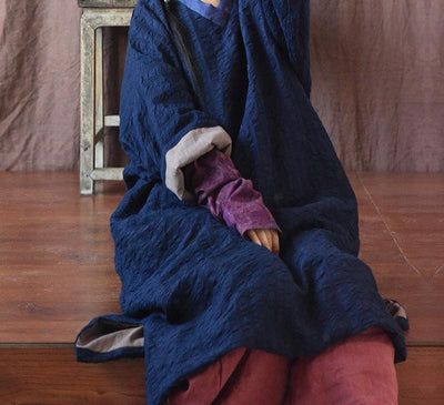 Women Vintage Color Block V-Neck Mid-Length Cotton Linen Coat