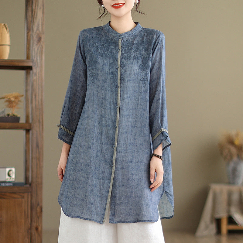 Women Spring Embroidered Loose Cotton Linen Mid-Length Shirt