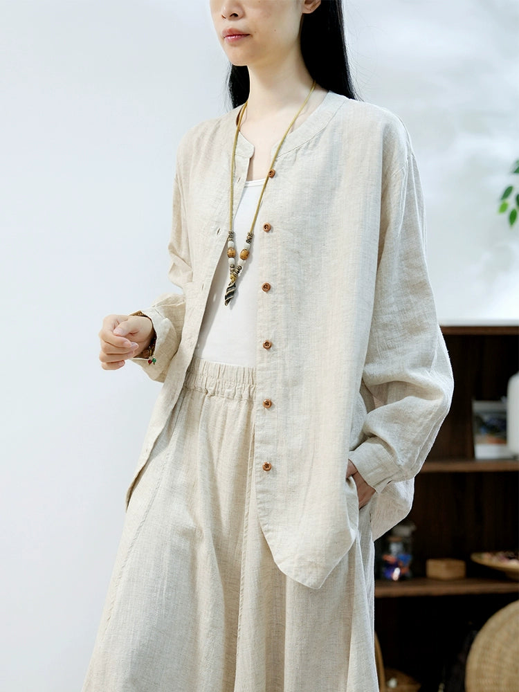 Linen Washed Stand Collar Long Sleeves Loose Versatile Coat